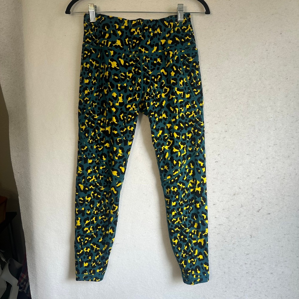 Sweaty Betty Power 7/8 Leggings Teal Yellow Leopard Print Gym Yoga Tights US 8